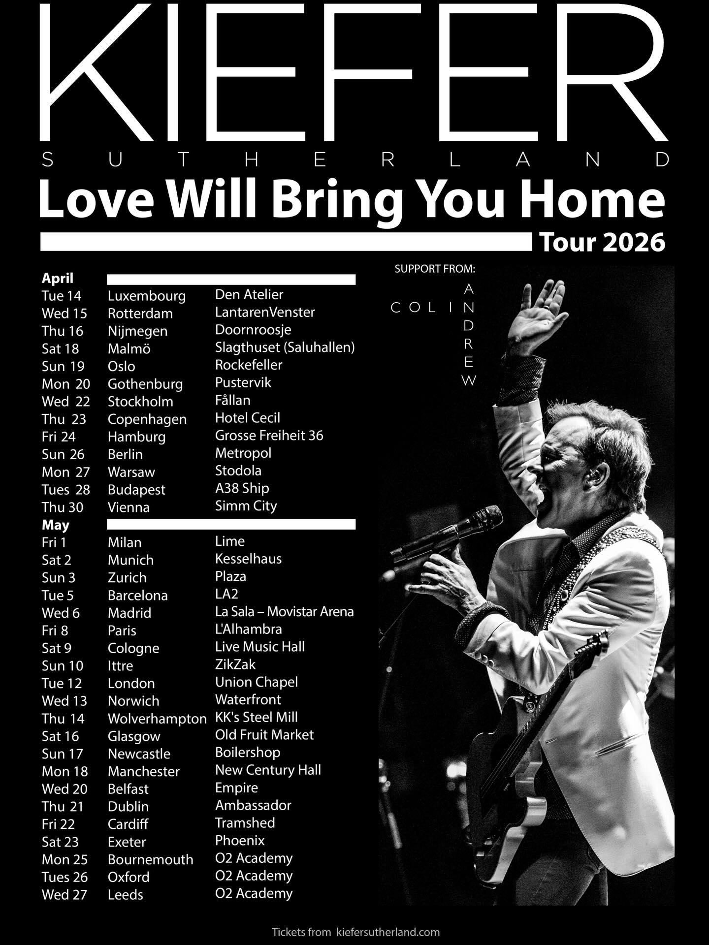 Kiefer Sutherland Love Will Bring You Home Tour Poster 2026